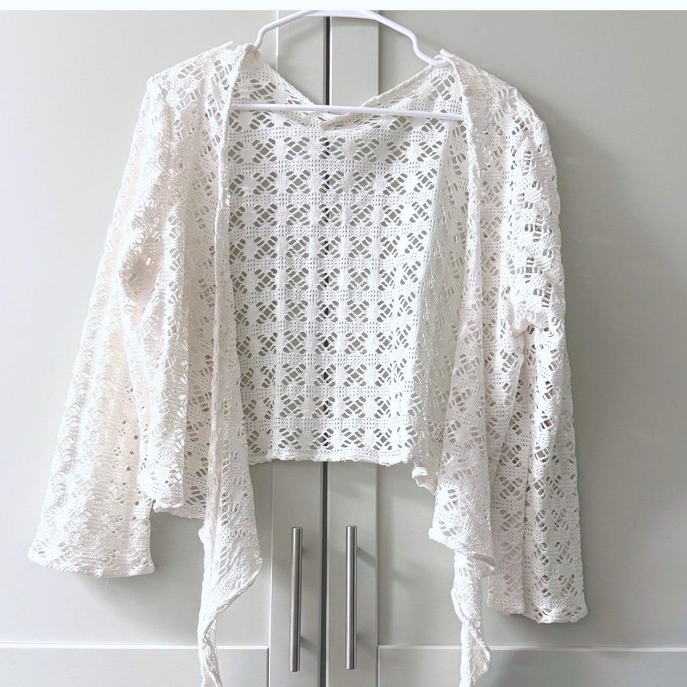 Royal Hawaiian Creation White Crochet Tie Front Cardigan Cotton One Size Hawaii
